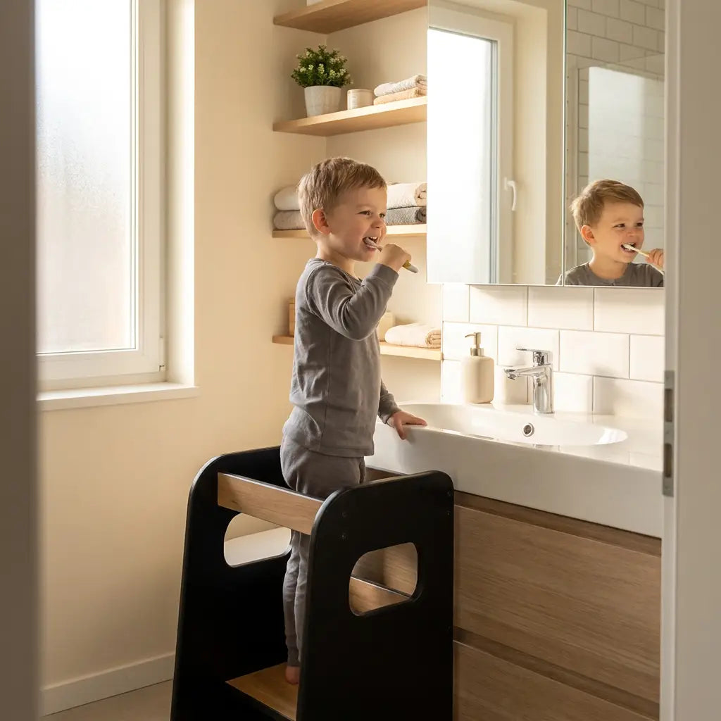 Tour d'observation Montessori Levio réglable — coloris Noir avec marches en bois naturel