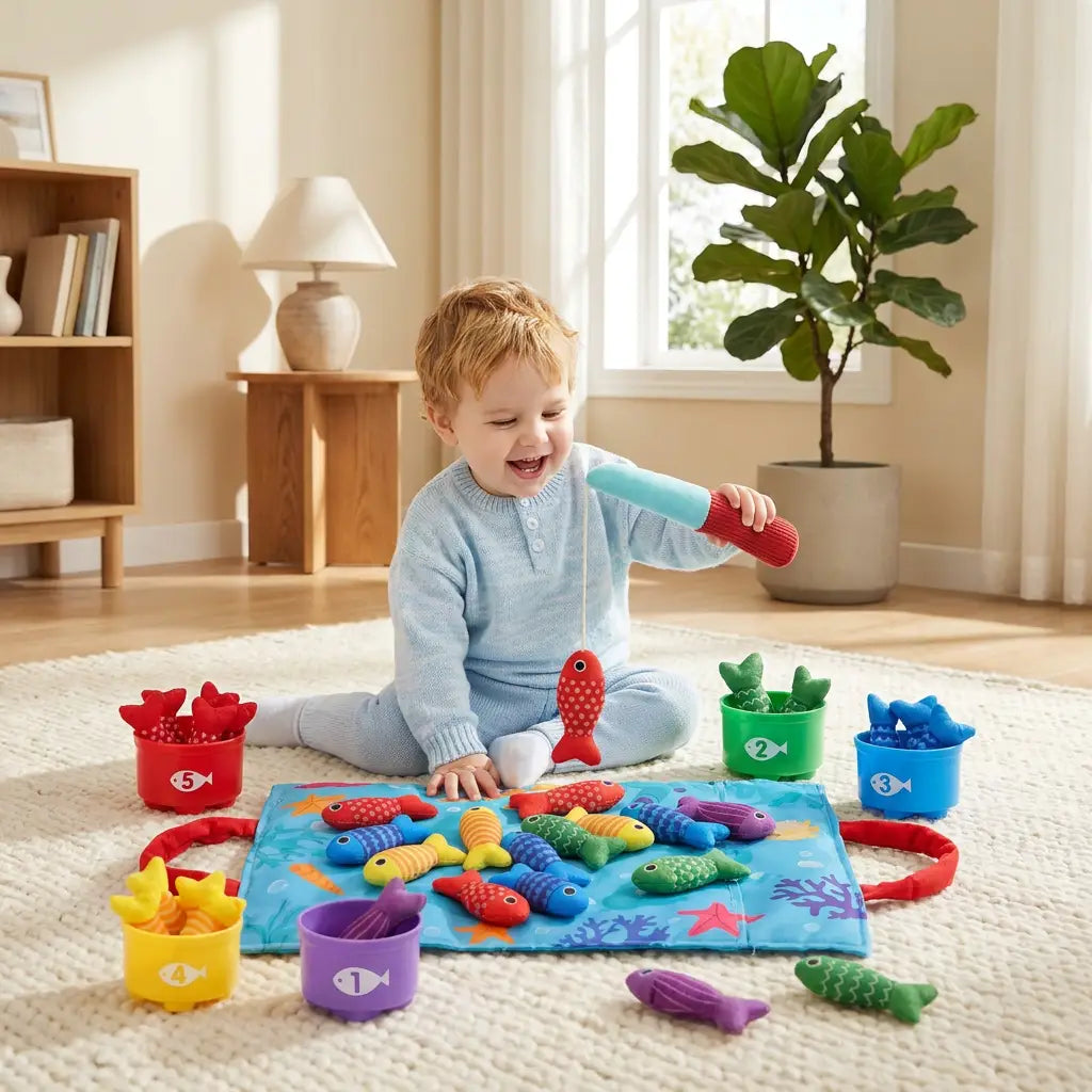 Jeu de pêche magnétique Levio — poissons colorés en tissu et canne aimantée