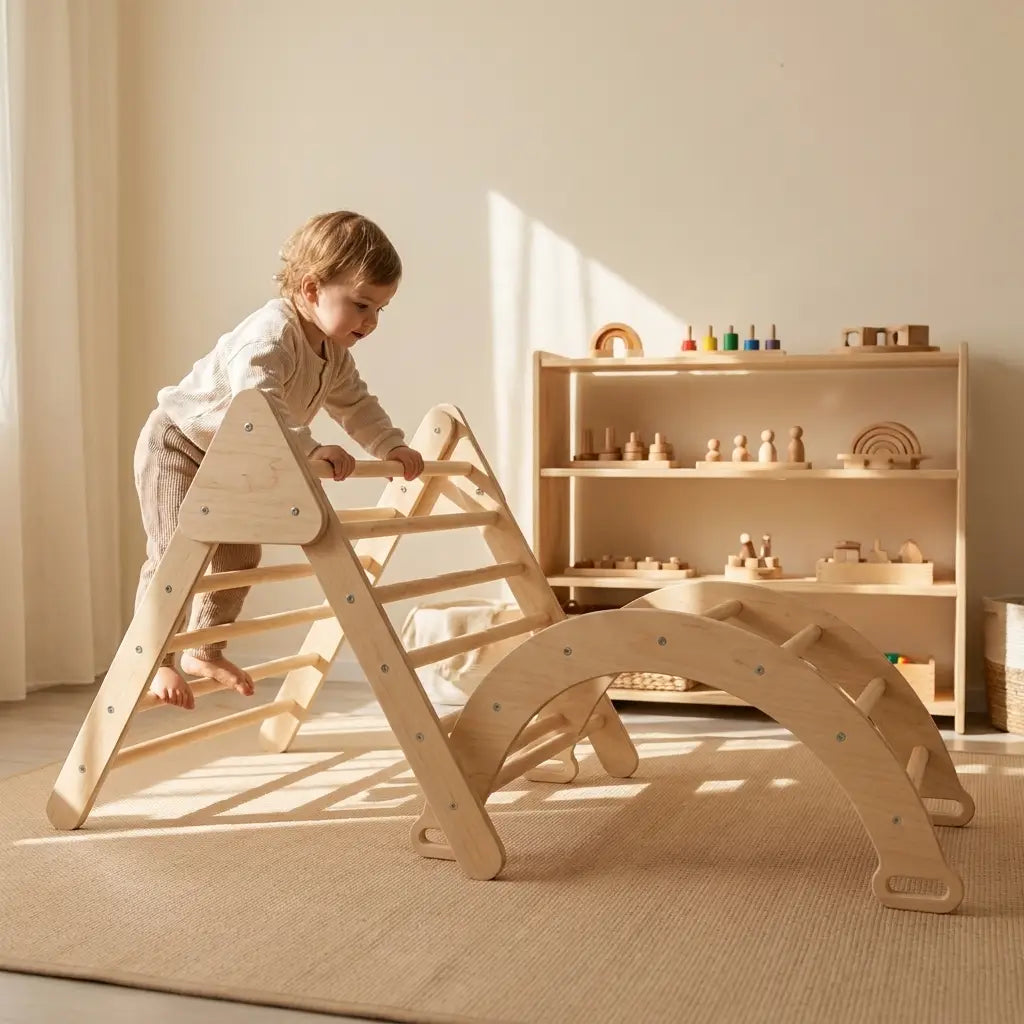 Set d'escalade Montessori Levio bois naturel — rampe réversible toboggan et escalade