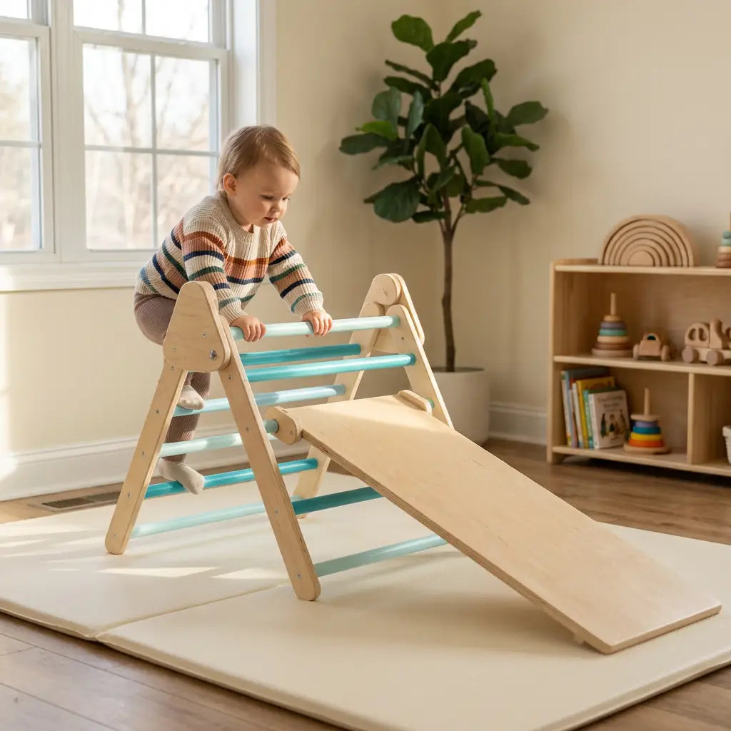 Set d'escalade Montessori Levio — rampe réversible toboggan et mur d'escalade